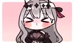 Rule 34 | &gt; &lt;, 1girl, :3, :o, animated, black dress, black ribbon, blowing kiss, blush stickers, breasts, chibi, cleavage, closed eyes, diadem, dress, goddess of victory: nikke, grey hair, hair ribbon, hiding, large breasts, long hair, looking at viewer, marian (nikke), modernia (nikke), modernia (second affection) (nikke), red eyes, ribbon, rosenyang, see-through, see-through cleavage, solo, tagme, video
