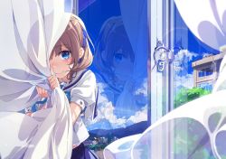 Rule 34 | 1girl, blue eyes, blue neckerchief, blue skirt, blue sky, blush, brown hair, closed mouth, comic, curtain grab, curtains, day, highres, index finger raised, indoors, looking at viewer, mountainous horizon, neckerchief, ogipote, original, reflection, sailor collar, school uniform, serafuku, shirt, short hair, short sleeves, short twintails, skirt, sky, smile, solo, tareme, town, twintails, upper body, white sailor collar, white shirt, window