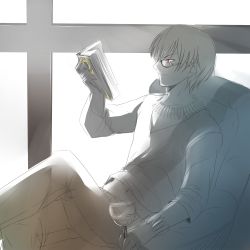 Rule 34 | 1boy, bespectacled, book, cup, drinking glass, fate/stay night, fate/zero, fate (series), gilgamesh (fate), glasses, jewelry, male focus, monochrome, necklace, open book, reading, reclining, red eyes, short hair, solo, spot color, tusia, wine glass