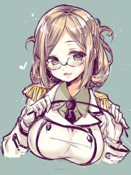 Rule 34 | 10s, 1girl, black necktie, blush, breasts, brown hair, glasses, gloves, green background, green eyes, heart, kantai collection, katori (kancolle), large breasts, long sleeves, looking at viewer, mitsumomo mamu, necktie, open mouth, short hair, sketch, smile, solo, white gloves