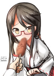 Rule 34 | 10s, 1girl, bad id, bad pixiv id, bespectacled, black hair, brown eyes, censored, censored food, glasses, haruna (kancolle), japanese clothes, kantai collection, long hair, miko, nekobaka, sexually suggestive, simple background, solo focus