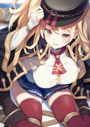 Rule 34 | 1girl, adjusting clothes, adjusting headwear, arm up, ascot, black coat, black footwear, black hat, blonde hair, blue skirt, blurry, blurry background, blush, boots, breasts, bridal gauntlets, brown eyes, coat, commentary request, gloves, granblue fantasy, hat, highres, igayan, large breasts, looking at viewer, miniskirt, monika weisswind, open clothes, open coat, open mouth, peaked cap, pleated skirt, red ascot, red thighhighs, shadow, shirt, sitting, skirt, smile, solo, thighhighs, thighs, twintails, wariza, white gloves, white shirt, wing collar, zettai ryouiki