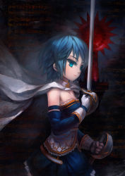 Rule 34 | 10s, 1girl, bad id, bad pixiv id, bass clef, beamed quavers, blue eyes, blue hair, cape, dark, detached sleeves, dual wielding, eassia, elsa maria (madoka magica), embellished costume, flat sign, gloves, holding, lips, magical girl, mahou shoujo madoka magica, mahou shoujo madoka magica (anime), miki sayaka, musical note, sheet music, short hair, sword, treble clef, weapon, white gloves