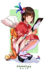 Rule 34 | 1girl, 2017, artist name, bell, blush, c:, clogs, closed mouth, feathered wings, floral print, full body, hagoita, hair ornament, hanetsuki, holding, japanese clothes, jingle bell, kimono, legs together, looking at viewer, nanahime, obi, original, paddle, red kimono, sandals, sash, short hair, sidelocks, signature, smile, socks, solo, squatting, tabi, white socks, white wings, wings