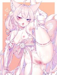 Rule 34 | 1girl, after vaginal, ahegao, ahoge, animal ear fluff, animal ears, anus, blue eyes, blur censor, breasts, censored, copyright request, detached sleeves, fox ears, fox girl, heterochromia, highres, kupa (jesterwii), leg up, long hair, looking at viewer, monochrome, nontraditional miko, open mouth, orange background, red eyes, small breasts, solo, split, standing, standing on one leg, standing split, thighhighs, tongue, tongue out, two-tone background, virtual youtuber, white background, white sleeves, white thighhighs, wide sleeves