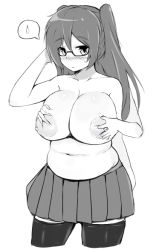 Rule 34 | 1girl, belly, blush, grabbing another&#039;s breast, breasts, glasses, grabbing, greyscale, huge breasts, long hair, monochrome, nipples, original, plump, sawati, skirt, solo focus, thighhighs, topless, twintails, zettai ryouiki