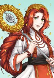 Rule 34 | 1girl, adricarra, artist name, blue background, braid, fire emblem, fire emblem: path of radiance, fire emblem heroes, flower, green eyes, head wreath, highres, holding, holding staff, jewelry, long hair, necklace, nintendo, petals, red hair, simple background, single braid, solo, staff, titania (fire emblem), upper body, wide sleeves