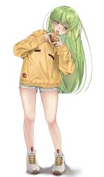 Rule 34 | 1girl, absurdres, alternate costume, blush, budgiepon, c.c., casual, code geass, commentary, crossed bangs, dolphin shorts, eating, eyes visible through hair, fingernails, food, food in mouth, full body, green hair, grey shorts, hair between eyes, hands up, highres, holding, holding food, holding pizza, legs, long hair, looking at viewer, pizza, pizza slice, shoes, shorts, signature, simple background, sleeves past wrists, sneakers, solo, standing, straight hair, sweater, symbol-only commentary, thighs, very long hair, white background, white footwear, yellow eyes, yellow sweater