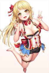 Rule 34 | 1girl, bang dream!, barefoot, black shorts, blonde hair, blush, bow, breasts, cleavage, collarbone, commentary request, double v, fingernails, full body, hair ribbon, heart, lambda (kusowarota), large breasts, looking at viewer, midriff, open mouth, red bow, red neckwear, red ribbon, ribbon, short shorts, shorts, sidelocks, solo, thigh strap, tsurumaki kokoro, v, yellow eyes