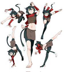 Rule 34 | 1girl, animal ears, black hair, cat ears, cat girl, cat tail, crop top, dungeon meshi, full body, highres, hikentai0112, izutsumi, monster girl, multiple views, poses, red scarf, scarf, short hair, tail, white background
