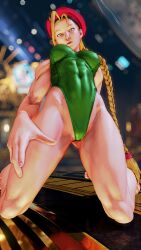 Rule 34 | 1girl, 3d, absurdres, antenna hair, bare shoulders, barefoot, blonde hair, blue eyes, braid, breasts, cammy white, covered navel, curvy, gloves, green leotard, hat, highleg, highleg leotard, highres, kneeling, leotard, lips, long hair, looking away, medium breasts, red gloves, red hat, ryona, screencap, shiny clothes, solo, street fighter, street fighter v, thighs, third-party edit, thong leotard, twin braids, very long hair, wide hips