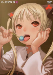 Rule 34 | 00s, 1girl, absurdres, blonde hair, candy, cover, dvd cover, food, hair ornament, highres, ishida karin, licking, lollipop, long hair, murata range, official art, red eyes, scan, sexually suggestive, shangri-la, solo, tongue, tongue out, twintails, zipper