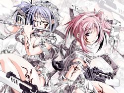 Rule 34 | 2girls, bare legs, bare shoulders, blue hair, blush, glasses, holding, holding sword, holding weapon, multiple girls, pink eyes, pink hair, red hair, revealing clothes, short hair, silver hair, simple background, sword, tattoo, thighs, twintails, unsheathed, vidal, weapon, white background