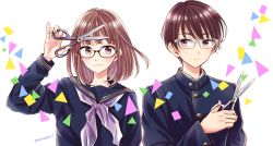 Rule 34 | 1boy, 1girl, arm up, blue jacket, blue sailor collar, blue shirt, brown-framed eyewear, brown eyes, brown hair, buttons, closed mouth, commentary request, gakuran, glasses, hand up, holding, holding scissors, jacket, long sleeves, looking at viewer, neckerchief, original, purple neckerchief, sailor collar, school uniform, scissors, serafuku, shirt, short hair, signature, simple background, smile, sugano manami, triangle, upper body, white-framed eyewear, white background
