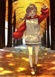 Rule 34 | 1girl, absurdres, ahoge, arm up, autumn, autumn leaves, braid, braided ponytail, brown hair, commentary, commission, full body, grey skirt, hair ribbon, highres, hood, hood down, hoodie, long hair, long sleeves, open mouth, original, outdoors, oversized clothes, rasetsu001, red hoodie, ribbon, shoes, single braid, skeb commission, skirt, sneakers, solo, tree, two-tone hoodie, walking, white hoodie, yellow eyes