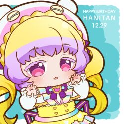 Rule 34 | 1girl, bear hat, blonde hair, border, braid, character name, chibi, chii (chi pppuri), claw pose, drop shadow, french braid, hands up, hanitan, happy birthday, long hair, long sleeves, looking at viewer, multicolored hair, open mouth, outside border, pink eyes, pretty series, purple hair, shirt, skirt, smile, solo, standing, twintails, waccha primagi!, white border, white shirt, yellow skirt