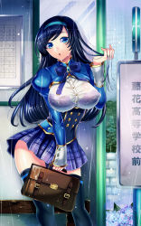 Rule 34 | 1girl, bad id, bad pixiv id, bag, black hair, black thighhighs, blue eyes, bra, breasts, bus stop, contrapposto, covered erect nipples, flower, hairband, holding, holding own hair, hydrangea, large breasts, lingerie, long hair, long sleeves, matsurika youko, open mouth, original, plaid, plaid skirt, rain, ribbon, satchel, schedule, school bag, school uniform, see-through, sign, skirt, solo, standing, thighhighs, underwear, wet, wet clothes