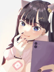 Rule 34 | 1girl, :p, absurdres, animal ears, bandaid, bandaid on knee, bandaid on leg, bandaid on wrist, black choker, black hair, black nails, blue eyes, blunt bangs, blurry, blurry background, cat ears, cellphone, choker, commentary request, ear piercing, earrings, hair ornament, hasuya, highres, holding, holding phone, jewelry, looking at viewer, multiple rings, nail polish, original, phone, piercing, pink shirt, ring, shirt, simple background, solo, t-shirt, tongue, tongue out, twintails, x hair ornament