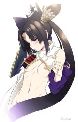 Rule 34 | 1girl, asymmetrical sleeves, black hair, black hat, blue eyes, blush, bottomless, breasts, clothes lift, fate/grand order, fate (series), hat, headdress, inu (aerodog), long hair, mismatched sleeves, navel, nipples, pom pom (clothes), revealing clothes, side ponytail, simple background, small breasts, solo, thick eyebrows, ushiwakamaru (fate), white background