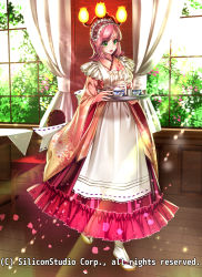 Rule 34 | 1girl, apron, blush, breasts, cup, green eyes, gyakushuu no fantasica, hair ornament, long hair, official art, open mouth, original, pink hair, ryuki@maguro-ex, smile, solo, teacup, tray, watermark, wide sleeves