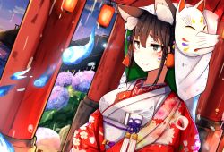 Rule 34 | 1girl, animal ears, blush, breasts, brown eyes, brown hair, closed mouth, commentary request, dutch angle, facepaint, fire, floral print, fox ears, fox girl, fox mask, hair between eyes, hanten (clothes), head scarf, highres, japanese clothes, kimono, lantern, large breasts, mask, obi, original, outdoors, paper lantern, plan (planhaplalan), sash, shrine, smile, solo, upper body, white kimono