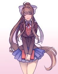 Rule 34 | 1girl, blue skirt, book, bow, doki doki literature club, closed eyes, hair bow, holding, holding book, jacket, long hair, long sleeves, midair (pixiv id 21010372), monika (doki doki literature club), neck ribbon, open mouth, pleated skirt, red ribbon, ribbon, skirt, solo, very long hair, white bow