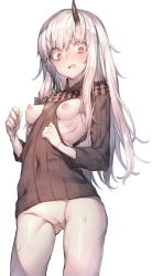 Rule 34 | 1girl, albino, black dress, blush, bottomless, breasts, breasts out, cleft of venus, dress, fate (series), horns, lavinia whateley (fate), long hair, looking at viewer, nipples, perky breasts, pussy, redcomet, single horn, small breasts, uncensored, white hair