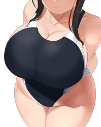 Rule 34 | 1girl, arms behind back, black hair, black one-piece swimsuit, blush, breasts, cleavage, close-up, competition swimsuit, curvy, head out of frame, highres, huge breasts, iwami sayaka, large breasts, omizu (h2o), one-piece swimsuit, original, plump, short hair, sidelocks, simple background, solo, standing, swimsuit, thick thighs, thighs, white background, wide hips