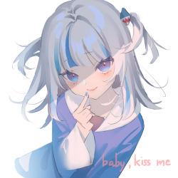 Rule 34 | 1girl, blue eyes, blue nails, blunt bangs, commentary, deme (karesuki), english commentary, english text, gawr gura, hololive, hololive english, light blush, looking at viewer, nail polish, pointing, pointing at self, smile, solo, two side up, virtual youtuber, white hair