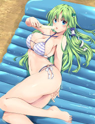 Rule 34 | 1girl, arm up, ass, bare arms, bare legs, bare shoulders, barefoot, bikini, blue eyes, blush, breasts, commentary request, criss-cross halter, feet out of frame, food, frog hair ornament, fule, green hair, hair ornament, hair tubes, halterneck, highres, holding, holding food, kochiya sanae, large breasts, long hair, looking at viewer, lying, navel, o-ring, o-ring bikini, on back, open mouth, popsicle, shadow, side-tie bikini bottom, snake hair ornament, solo, stomach, striped bikini, striped clothes, swimsuit, thick thighs, thighs, touhou