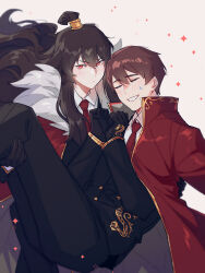 Rule 34 | 1boy, 1girl, black jacket, black pants, brown hair, carrying, carrying person, closed eyes, closed mouth, coat, coat on shoulders, collared shirt, dragon print, gold trim, highres, jacket, jyanjyan, library of ruina, long hair, lowell (project moon), necktie, pants, princess carry, project moon, red coat, red eyes, red hair, red necktie, shirt, sidelocks, sweat, very long hair, white shirt, xiao (project moon)