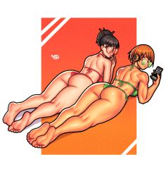 Rule 34 | 2girls, absurdres, alternate hair length, alternate hairstyle, amagi yukiko, ass, behind-the-head headphones, bikini, black hair, breasts, brown eyes, brown hair, cellphone, commentary, english commentary, feet, full body, green-tinted eyewear, green bikini, grey eyes, hair bun, halterneck, headphones, highres, holding, holding phone, iphone, kneepits, looking back, lying, medium breasts, multiple girls, muscular, muscular female, on stomach, orange background, outside border, persona, persona 4, phone, red-tinted eyewear, red bikini, round eyewear, satonaka chie, short hair, shoulder blades, side-tie bikini bottom, simple background, single hair bun, smartphone, soles, striped bikini, striped clothes, sunglasses, swimsuit, tan, thick thighs, thighs, tinted eyewear, toes, updo, vj99, wireless