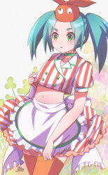 Rule 34 | 1girl, absurdres, alternate costume, anotherplus, apron, aqua hair, arm at side, artist name, blush, bow, bow skirt, breasts, buttons, choker, clover, clover background, commentary, cowboy shot, crop top, curled fingers, double-breasted, expressionless, film grain, frilled apron, frilled bow, frilled skirt, frills, googly eyes, green background, green choker, green eyes, hand on own chest, hat, highres, hikimayu, huge bow, long hair, looking ahead, midriff, miniskirt, monogatari (series), navel, ononoki yotsugi, orange hat, orange skirt, orange thighhighs, parted bangs, parted lips, petticoat, puffy short sleeves, puffy sleeves, shirt, short eyebrows, short sleeves, signature, single vertical stripe, skirt, small breasts, solo, standing, striped clothes, striped shirt, thick eyebrows, thighhighs, twintails, two-tone skirt, vertical stripes, waist apron, white apron, white background, white bow, white skirt, zettai ryouiki