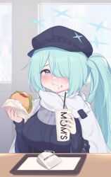Rule 34 | 1girl, belt, black belt, black hat, blue archive, blue halo, blush, breasts, bsm (nerdmin), burger, cabbie hat, closed mouth, crying, crying with eyes open, drink, drinking straw, eating, food, green eyes, green hair, hair over one eye, halo, hat, highres, hiyori (blue archive), holding, holding food, large breasts, long hair, long sleeves, mom&#039;s touch, side ponytail, solo, tears