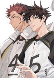 Rule 34 | 2boys, bandaged fingers, bandages, black hair, closed mouth, commentary request, cosplay, extra eyes, facial tattoo, fushiguro megumi, green eyes, haikyuu!!, hand up, highres, jacket, jersey, jujutsu kaisen, looking at viewer, looking to the side, male focus, multiple boys, pink hair, red eyes, ryoumen sukuna (jujutsu kaisen), short hair, short sleeves, simple background, somwang 07, spiked hair, sportswear, tattoo, track jacket, undercut, upper body, volleyball uniform, white background, zipper