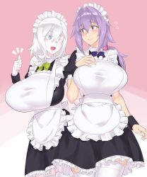 Rule 34 | 2girls, alternate costume, apron, blue eyes, blush, breasts, dress, enmaided, frills, gloves, highres, huge breasts, kanata (evuoaniramu), large breasts, light purple hair, long hair, looking at viewer, low ponytail, maid, maid apron, maid headdress, mizuumi (bb), multiple girls, one eye closed, open mouth, original, ponytail, puffy short sleeves, puffy sleeves, purple eyes, purple hair, riyu (evuoaniramu), short hair, short hair with long locks, short sleeves, sidelocks, simple background, smile, standing, thighhighs, thumbs up, waist apron, white hair, white legwear, wrist cuffs