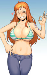 Rule 34 | 1girl, absurdres, ahoge, arm tattoo, bikini, bikini top only, blue background, blue pants, blush, breasts, cleavage, denim, dyun, female focus, gradient background, green bikini, grin, hand on own hip, hand up, heart, highres, jeans, large breasts, looking at viewer, nami (one piece), navel, ok sign, one eye closed, one piece, orange eyes, orange hair, pants, smile, solo, stomach, swimsuit, tattoo, textless version, thigh gap, underboob, veins, veiny breasts, wink