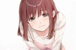 Rule 34 | 1girl, apron, black eyes, blush, brown hair, closed mouth, collared shirt, commentary request, crying, crying with eyes open, kawai makoto, leaning forward, long hair, long sleeves, looking at viewer, original, pink apron, shirt, simple background, solo, teardrop, tears, upper body, white background, white shirt, wing collar