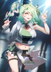 Rule 34 | 1girl, absurdres, antlers, asymmetrical sleeves, black skirt, blush, bow skirt, braid, braided bangs, breasts, buttons, ceres fauna, crop top, double-breasted, gradient hair, green hair, half-skirt, highres, hololive, hololive english, hololive idol uniform (bright), horns, idol, idol clothes, jacket, large breasts, long hair, looking at viewer, midorimae, midriff, mole, mole under eye, multicolored hair, navel, overskirt, projected inset, skirt, smile, solo, thigh strap, uneven sleeves, virtual youtuber, white jacket, yellow eyes