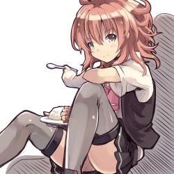 Rule 34 | 10s, 1girl, arashi (kancolle), food, gloves, highres, holding, holding spoon, ice cream, kantai collection, looking at viewer, normaland, parfait, plate, red hair, sitting, skirt, smile, solo, spoon, thighhighs, vest, yellow eyes