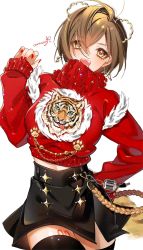 Rule 34 | 1girl, animal print, arm behind back, black thighhighs, brown eyes, brown hair, caracoro, earrings, hair ornament, hand up, highres, jewelry, leg tattoo, long sleeves, meiko (vocaloid), midriff peek, open mouth, short hair, solo, sweater, tattoo, thighhighs, tiger, tiger print, vocaloid