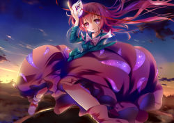 Rule 34 | 1girl, backlighting, bad perspective, boots, bow, bubble skirt, cloud, collared shirt, expressionless, floating, footwear bow, green shirt, hata no kokoro, legs, leisikukki, long sleeves, looking at viewer, mask, night, night sky, parted lips, pink eyes, pink hair, pink skirt, plaid, plaid shirt, river, shirt, shoes, skirt, sky, sleeves rolled up, solo, space, sunlight, sunset, touhou, white footwear