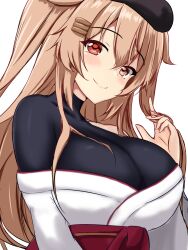 Rule 34 | 1girl, beret, blush, bodysuit, bodysuit under clothes, breasts, brown eyes, hair flaps, hair ornament, hair ribbon, hairclip, hat, heterochromia, highres, japanese clothes, kantai collection, kimono, large breasts, light brown hair, long hair, looking at viewer, montemasa, murasame (kancolle), murasame kai ni (kancolle), red eyes, ribbon, smile, solo, twintails, two side up, upper body