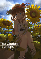 Rule 34 | 1girl, absurdres, bare arms, blue eyes, blurry, camera, cloud, corrupted metadata, day, depth of field, dress, flower, hat, hat ribbon, highres, holding, holding flower, long hair, looking to the side, orange hair, original, outdoors, ribbon, rukousou no hana, sitting, sky, solo, straw hat, sundress, sunflower, watch, white dress, wristwatch