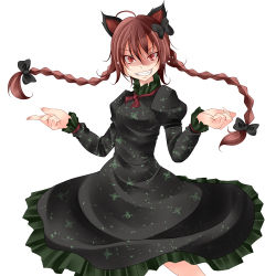 Rule 34 | 1girl, ahoge, animal ears, bad id, bad pixiv id, braid, cat ears, cat girl, dress, female focus, fingernails, frills, grin, kaenbyou rin, looking at viewer, red eyes, red hair, ribbon, shaded face, simple background, skirt, slit pupils, smile, solo, touhou, tsukishiro saika, twin braids, twintails