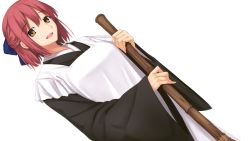 Rule 34 | 1girl, :d, apron, bamboo broom, black kimono, blush, bow, broom, brown eyes, dutch angle, frilled apron, frills, hair bow, highres, holding, holding broom, japanese clothes, kimono, kohaku (tsukihime), looking at viewer, maid, open mouth, pink hair, sebire, short hair, sidelocks, simple background, sleeves past wrists, smile, solo, standing, tsukihime, wa maid, wallpaper, wide sleeves