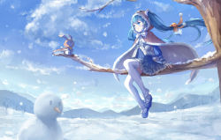 Rule 34 | 1girl, absurdres, aqua eyes, aqua hair, cape, cloud, day, ears through headwear, floating hair, full body, hatsune miku, highres, in tree, long hair, outdoors, rabbit, revision, sitting, sitting in tree, skirt, sky, snow, snowman, thighhighs, tree, twintails, very long hair, vocaloid, white thighhighs, yue yue, yuki miku, yuki miku (2018) (applicant), yukine (vocaloid)
