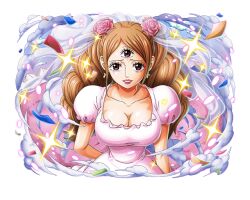 Rule 34 | 1girl, breasts, bridal veil, brown eyes, brown hair, charlotte pudding, cleavage, collarbone, commentary, confetti, crying, crying with eyes open, dress, drill hair, earrings, english commentary, flower, hair flower, hair ornament, jewelry, large breasts, light smile, lips, long hair, looking at viewer, official art, one piece, one piece treasure cruise, parted lips, pink flower, short sleeves, tears, third eye, twintails, veil, wedding dress