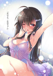 Rule 34 | ahoge, armpits, babydoll, breasts, brown hair, cat hair ornament, cleavage, fang, hair between eyes, hair ornament, hair over shoulder, hairclip, hano haruka, knees up, light, light particles, long hair, looking at viewer, medium breasts, one eye closed, open hand, open mouth, original, outstretched arm, pink babydoll, red eyes, sidelocks, sitting, translated, twintails