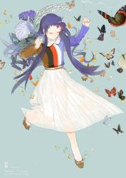 Rule 34 | 1girl, bad id, bad pixiv id, blue background, bug, butterfly, closed eyes, dress, female focus, flower, full body, highres, insect, kaninn, long hair, original, pale skin, purple hair, see-through, simple background, solo